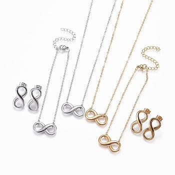 304 Stainless Steel Jewelry Sets, Bracelets, Necklaces and Earrings, Infinity, Golden & Stainless Steel Color, 18.6 inch(47.3cm), 1mm, 7 inch(17.7cm), 1mm, 20.5x11x2.5mm, Pin: 0.9mm