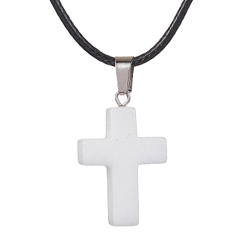 Natural White Jade Cross Pendant Necklaces, with Imitation Leather Cords, 17.80 inch(45.2cm)