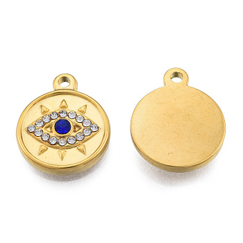 304 Stainless Steel Pendants, with Montana Rhinestone, Flat Round with Eye, Real 18K Gold Plated, 19x15.5x3mm, Hole: 1.6mm