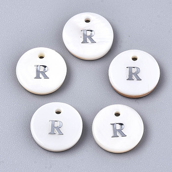Natural Freshwater Shell Pendants, with Platinum Plated Iron Etched Metal Embellishments, Flat Round with Initial Letter, White, Letter.R, 11x2mm, Hole: 1.5mm