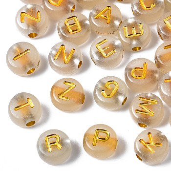 Luminous Acrylic Beads, Glow in the Dark, Metal Enlaced, Horizontal Hole, Flat Round with  Mixed Letter, Golden Plated, 7x3.5mm, Hole: 1.2mm, about 3600pcs/500g