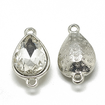 Alloy Glass Links connectors, Faceted, teardrop, Platinum, Clear, 17x9x5mm, Hole: 1.5mm