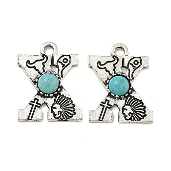 Synthetic Turquoise & Alloy Pendants, Letter Charms, Antique Silver, Letter X, 24x18.5x4mm, Hole: 3mm