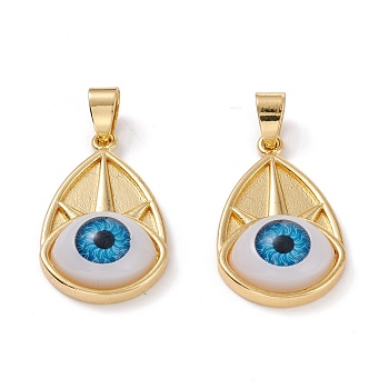 Brass Pendants, with Resin Cabochons, Long-Lasting Plated, Teardrop with Evil Eye, Real 18K Gold Plated, Dodger Blue, 26x16x6.5mm, Hole: 6x3.5mm