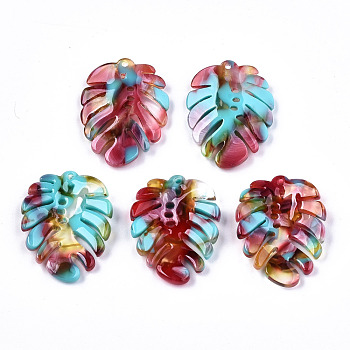 Cellulose Acetate(Resin) Pendants, Tropical Leaf Charms, Monstera Leaf, Colorful, 26x20~21x4mm, Hole: 1.2mm