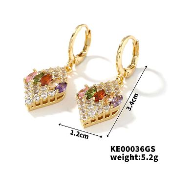 Elegant Japanese Style Copper & Zircon & Diamond Hoop Earrings, Fashionable and Versatile Accessories, Golden, Rhombus, 34mmx12mm