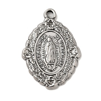 Tibetan Style 304 Stainless Steel Pendant Rhinestone Settings, Oval with Virgin Pattern & Word NUESTRASENORA DE GUADALUPE Charms, Religion Theme, Antique Silver, 29x21x2.5mm, Hole: 2mm, Fit for 1.2mm rhinestone