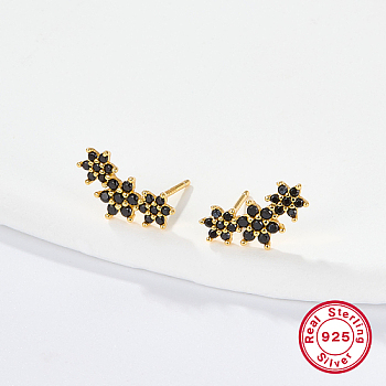 Cubic Zirconia Flower Stud Earrings, Golden 925 Sterling Silver Post Earings, Black, 12x5mm