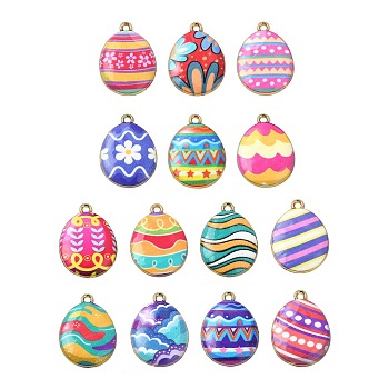 28Pcs 14 Colors Printed Alloy Pendants, Egg Charm, Mixed Color, 23x17x3mm, Hole: 1.6mm, 2pcs/color