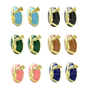 Oval Brass Stud Earrings, with Mixed Color Enamel, Real 18K Gold Plated, 28x22mm