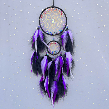 Feather Woven Web/Net with Feather Pendant Decorations, with Plastic Beads, Purple, 600mm