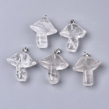 Natural Quartz Crystal Pendants, Rock Crystal Pendants, with Stainless Steel Snap On Bails, Mushroom, Stainless Steel Color, 27.5~28.5x23~25x9.5~10.5mm, Hole: 3x5mm