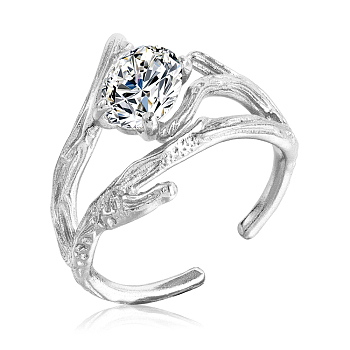 Rhodium Plated 925 Sterling Silver Branch Open Cuff Ring, Clear Cubic Zirconia Hollow Ring for Women, Platinum, US Size 5 1/4(15.9mm)