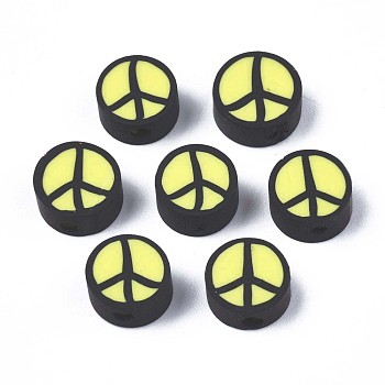 Handmade Polymer Clay Beads, Flat Round with Peace Sign, Champagne Yellow, 9~10x4.5mm, Hole: 1.6mm
