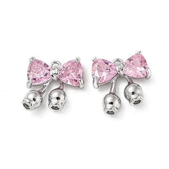 Rack Plating Brass Pendants, with Pearl Pink Glass, Bowknot Charms, Real Platinum Plated, 14x13x4mm, Hole: 1.4mm