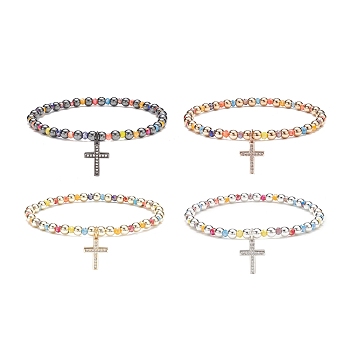 4Pcs 4 Color Glass & Synthetic Hematite Round Beaded Stretch Bracelets Set, Cubic Zirconia Cross Charms Stackable Bracelets for Women, Mixed Color, Inner Diameter: 2-1/4 inch(5.6cm), 1Pc/color