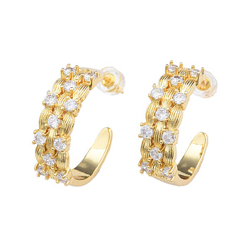 Cubic Zirconia Half Hoop  Earrings, Golden Brass C-shape Stud Earrings for Women, Nickel Free, Clear, 26x23mm, Pin: 0.7mm