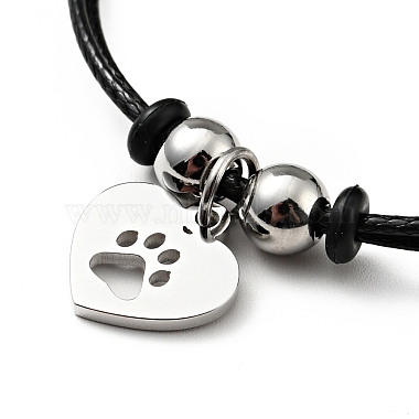 304 Stainless Steel Heart with Paw Print Charm Bracelet with Waxed Cord for Women(BJEW-A125-23)-4