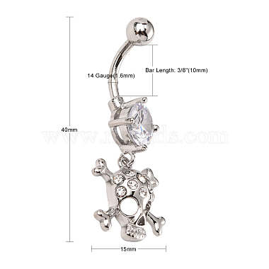 Piercing Jewelry Real Platinum Plated Brass Rhinestone Pirate Style Skull Navel Ring Belly Rings(AJEW-EE0001-28)-2