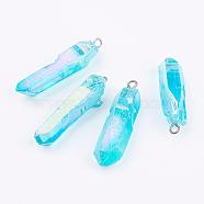 Electroplated Natural Quartz Pendants, with Brass Findings, Bullets, Pointed Pendants, Platinum, Cyan, 43~50x11~13mm, Hole: 3mm(G-P315-B01)