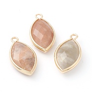 Natural Sunstone Pendants, with Golden Brass Edge, Faceted, Horse Eye, 22x12x5.5mm, Hole: 1.8mm(G-B009-01G-C)