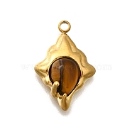 Natural Tiger Eye Pendants, 304 Stainless Steel Rhombus Charms, Real 18K Gold Plated, 21x14x4.5mm, Hole: 2mm(STAS-D310-03G-02)