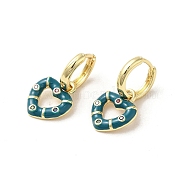 Heart Real 18K Gold Plated Brass Dangle Hoop Earrings, with Cubic Zirconia and Enamel, Teal, 21.5x11.5mm(EJEW-L268-038G-06)
