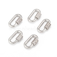 Brass Micro Pave Cubic Zirconia Screw Carabiner Lock Charms, for Necklaces Making, Long-Lasting Plated, Oval, Clear, Real Platinum Plated, 17.1x10.5x2mm(ZIRC-G160-22P)