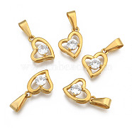 304 Stainless Steel Pendants, with Cubic Zirconia, Heart, Clear, Golden, 16x9x3.5mm, Hole: 5x3mm(STAS-P216-68G)