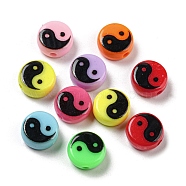 Opaque Acrylic Beads, Flat Round with Taiji Pattern, Mixed Color, 10x5mm, Hole: 1.8mm(SACR-P028-01B-01)