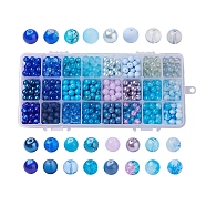 Mixed Style Glass Beads, Dyed, Round, 24 Colors, Gradient Color, Blue, 8mm, Hole: 1.3~1.6mm, about 27~30pcs/color, 648~720pcs/box(DGLA-JP0001-28D)
