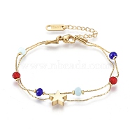 304 Stainless Steel Multi-strand Bracelets, with Faceted Glass Beads, Coreana Chains and Lobster Claw Clasps, Star, Colorful, 6-3/8 inch(16.2cm)(BJEW-K219-05G-A)