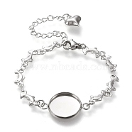 304 Stainless Steel Bracelet Making, with Lobster Claw Clasps, Dolphin Link Chains and Flat Round Cabochon Settings, Stainless Steel Color, Tray: 12mm, 5-3/4 inch(14.6cm)(STAS-L248-003P-A)