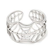 304 Stainless Steel Hollow Spider Web Open Cuff Ring for Women, Stainless Steel Color, US Size 6(16.5mm)(RJEW-M149-25P)