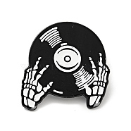 Skull Hand with Records Enamel Pin, Halloween Alloy Badge for Backpack Clothes, Electrophoresis Black, White, 31x30x1.5mm(JEWB-G014-F01)