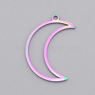 Ion Plating(IP) 201 Stainless Steel Pendants, Moon Charm, Laser Cut, Rainbow Color, 26x18x1mm, Hole: 1.6mm(STAS-R111-LA530)