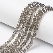 Electroplate Transparent Glass Beads Strands, Half Gray Plated, Faceted, Rondelle, Tan, 6x5mm, Hole: 1mm, about 85~88pcs/strand, 16.1~16.5 inch(41~42cm)(EGLA-A034-T6mm-E06)