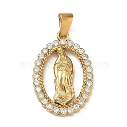 304 Stainless Steel Micro Pave Clear Cubic Zirconia Pendants, Oval with Virgin Mary Charms, Polishing, Ion Plating(IP), Real 18K Gold Plated, 25.5x17x3mm, Hole: 5x3mm(CU-CBAF0F8-05C-G)