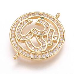 Brass Micro Pave Cubic Zirconia Links, Real 18K Gold Plated, Flat Round with Om Symbol, 22x17.5x2mm, Hole: 1mm(ZIRC-E124-12G)
