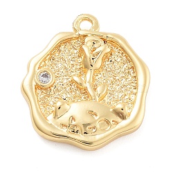 Rack Plating Brass Pendants, with Clear Cubic Zirconia, Rose with Moon, Real 18K Gold Plated, 15.5x14.5x3mm, Hole: 1mm(KK-L217-001G-03)