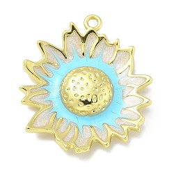 Rack Plating Brass Enamel Pendants, Long-Lasting Plated, Lead Free & Cadmium Free, Sunflower Charms, Real 18K Gold Plated, Deep Sky Blue, 28.5x24.5x4.5mm, Hole: 2mm(KK-L224-047G-01)