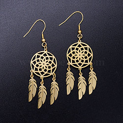 201 Stainless Steel Chandelier Earrings, Woven Net/Web with Feather, Golden, 70x20mm; Pin: 0.7mm(STAS-S105-JN361-2)
