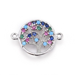 Brass Micro Pave Cubic Zirconia Links, Flat Round with Tree of Life, Colorful, Platinum, 14.5~15x19.5~21x2.5mm, Hole: 1.2mm(ZIRC-F093-45P)