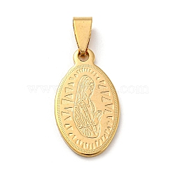 Vacuum Plating 304 Stainless Steel Pendants, Oval with Virgin Mary Charm, Golden, 27x15x1.5mm, Hole: 9x4mm(STAS-D024-01G)