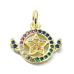 Brass Micro Pave Colorful Cubic Zirconia Pendants, with Jump Ring, Flat Round with Star Charm, Real 18K Gold Plated, 12x14x2mm, Hole: 3mm(KK-H475-19G-06)