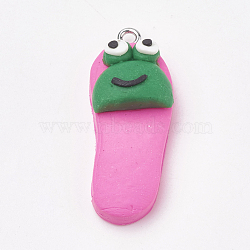 Handmade Polymer Clay Pendants, with Iron Findings, Slipper with Frog, Platinum, Deep Pink, 34~35x14x10mm, Hole: 2mm(CLAY-T012-25)