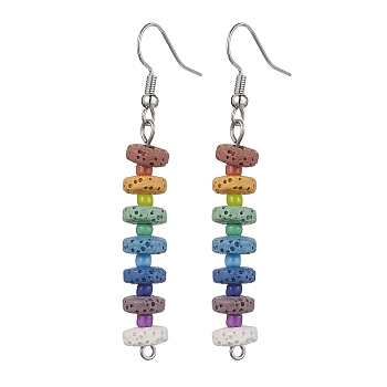 Colorful Natural Dyed Lava Rock Disc Beaded Dangle Earrings, Brass Dorp Earrings, Platinum, 60x8mm