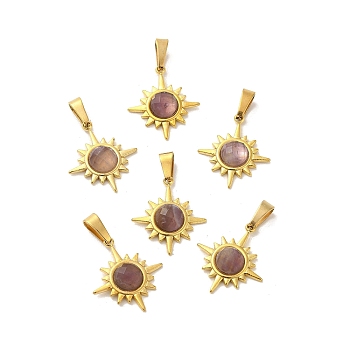 Natural Amethyst Faceted Sun Pendants, Golden Tone 304 Stainless Steel Charms, 19x17x4mm, Hole: 6x3mm