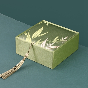 Chinese Style Bamboo Leaf Brocade & Satin Box, for Bracelet, Earring, Square, Dark Sea Green, 10x10x4cm