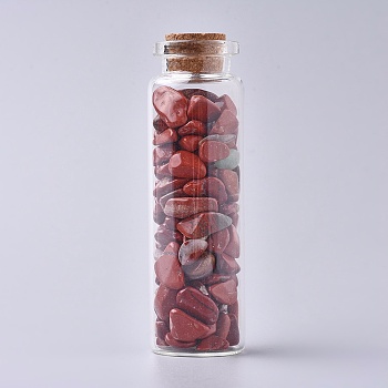 Glass Wishing Bottle, For Pendant Decoration, with Red Jasper Chip Beads Inside and Cork Stopper, 22x71mm